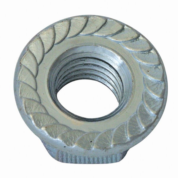 Hexagonal drive flange nuts with serrated bearing surface