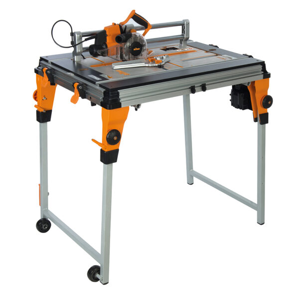 Steel double-bar mounted saw head and cast aluminium table base for improved rigidity and removal of play for improved cutting accuracy